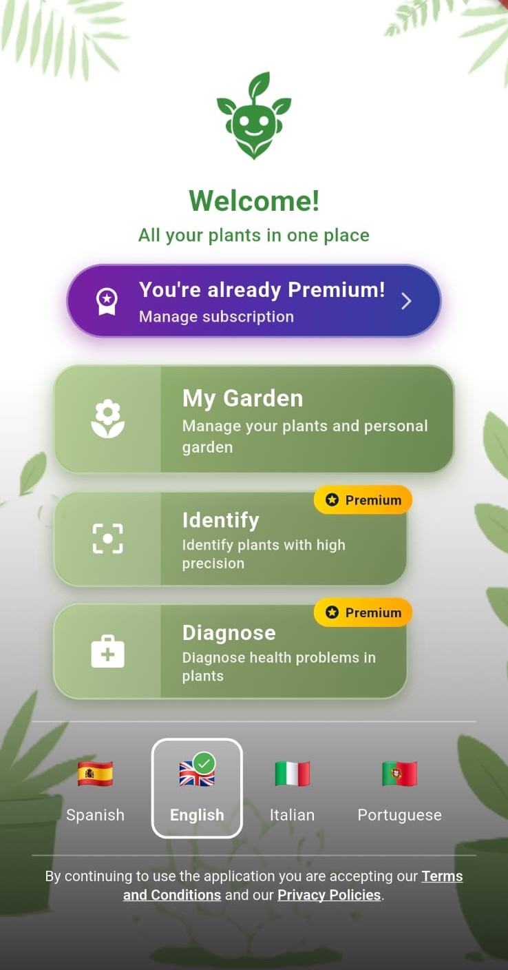 My Garden app home screen for managing plant care