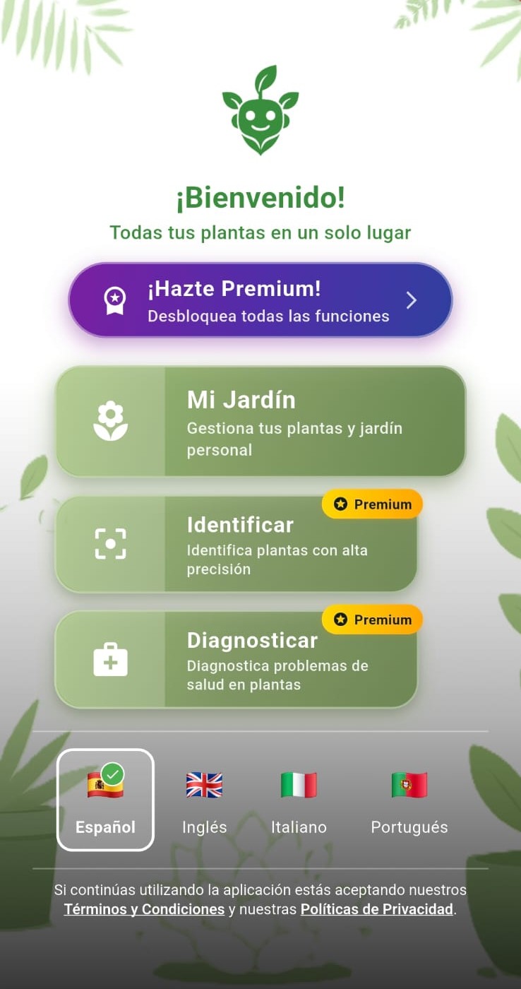 Pantalla principal de la app Mi Jardín para el cuidado de plantas