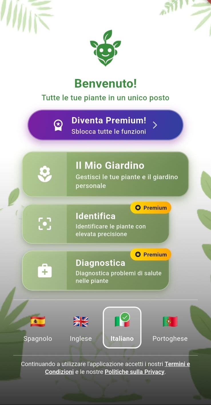 Schermata principale dell'app Il Mio Giardino per la cura delle piante