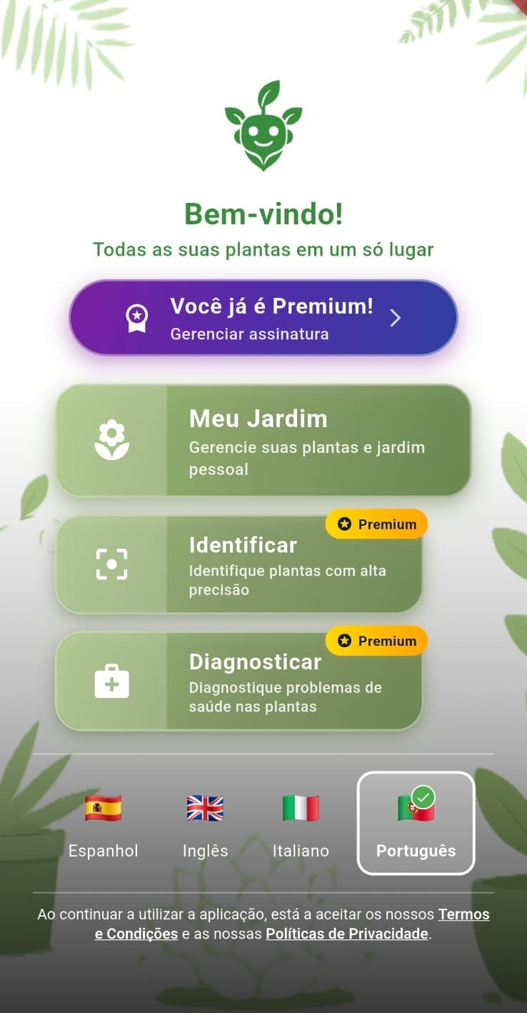 Tela inicial do app Meu Jardim para cuidar das plantas